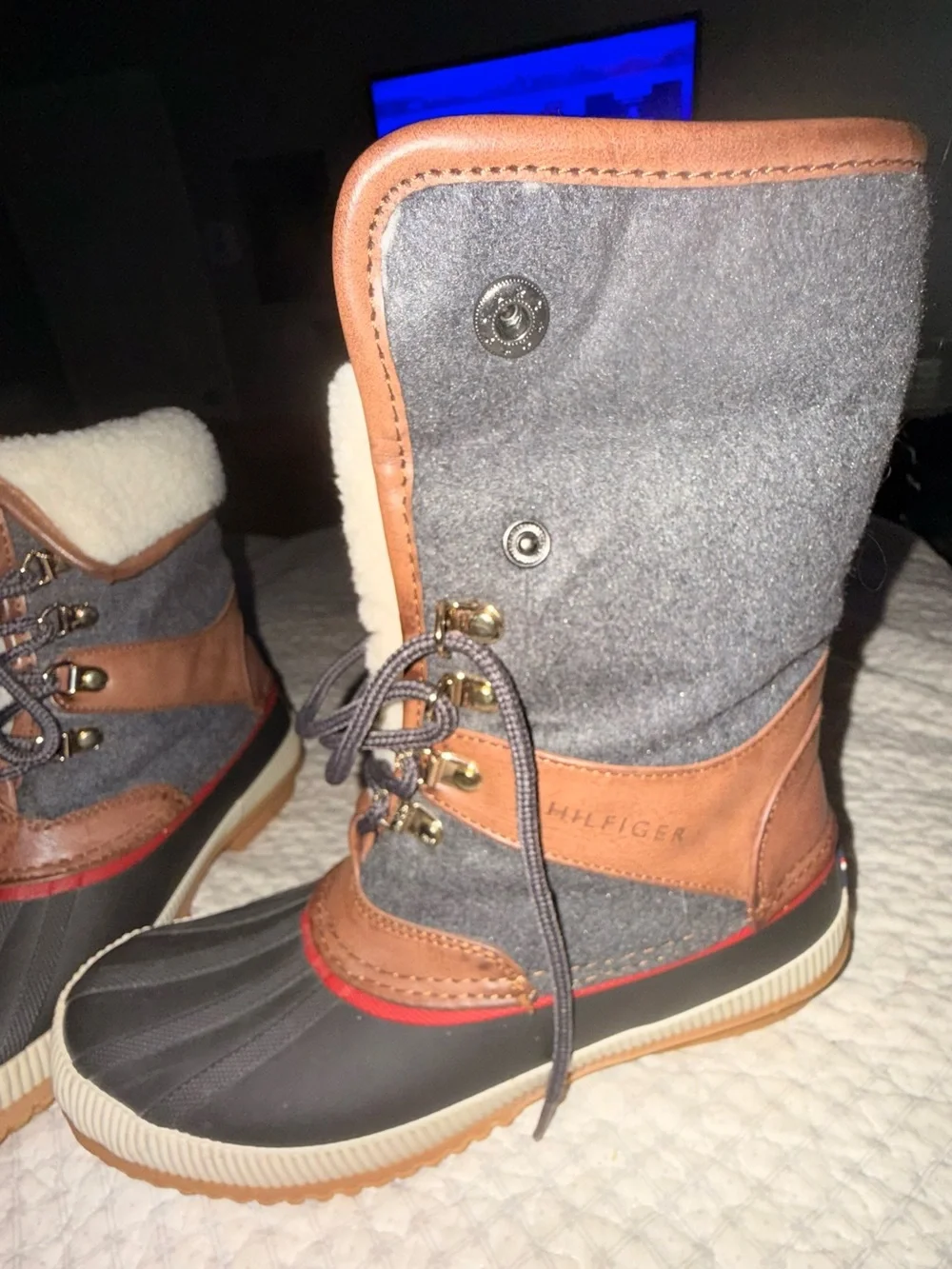 Tommy Hilfiger Gray, Brown and Cream Lace-Up Winter Boots